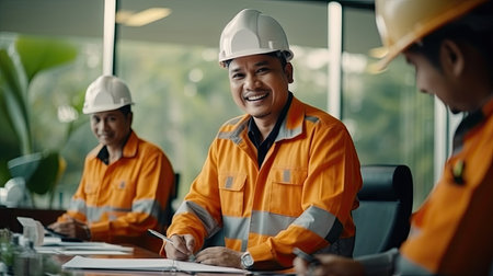Manager or leader are training and assignments a job for team of technicians, supervisor, foreman and engineers In the morning meeting before workの素材