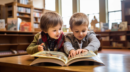 Little boys reading books in the libraryの素材
