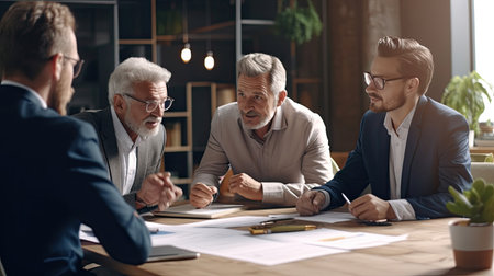 Senior man, manager sharing ideas, plans and thoughts about project to his partners, co-workers in loft style office. Successful corporate teamwork. Concept of business, studying, careerの素材