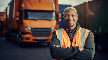 African American transportation factory truck driver standing and smiling by action arms crossed in front of lorry at container yard of port on evening.の素材