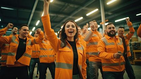 Professional warehouse worker team celebrating success in warehouse factory, Cheerful workers having fun at work, Happiness at job, Concept of success, Happy team enjoying their successful jobの素材