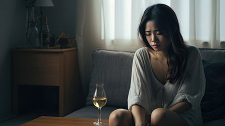 Asian young depression woman drinking wine. Attractive beautiful girl sitting on floor hold a bottle of alcohol feeling heart broken, drunk and hangover alone in living roomの素材