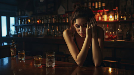Depressed woman with a bottle of beer.Social problem concept.の素材