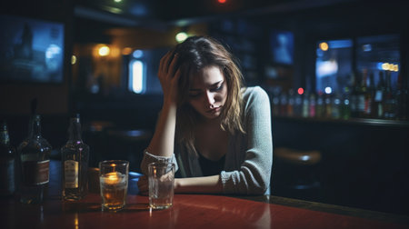 Depressed woman with a bottle of beer.Social problem concept.の素材