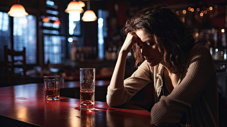 Depressed woman with a bottle of beer.Social problem concept.の素材