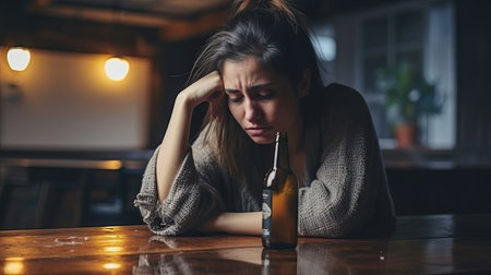 Depressed woman with a bottle of beer.Social problem concept.の素材