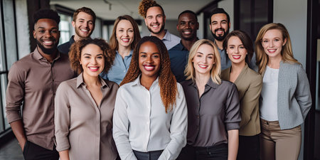 Millennial diverse business colleagues headed with black boss, posing to camera in office, panoramaの素材