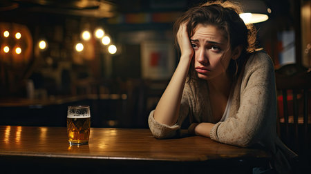 Adult woman drinking alcohol and suffering while sitting at the table. Female alcoholism conceptの素材