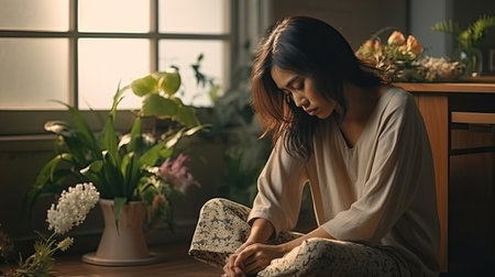 Sad and depressed young woman sitting on the floor in the living room looking outside the doors,sad mood,feel tired, lonely and unhappy concept.の素材