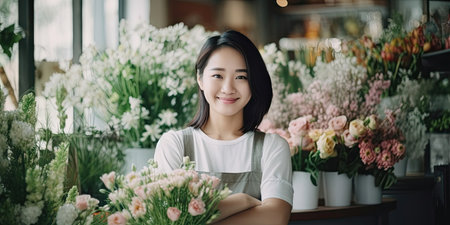 Startup successful SMEs small business entrepreneur owner asian woman standing with flowers at florist shop. Portrait of caucasian girl successful owner environment friendly conceptの素材