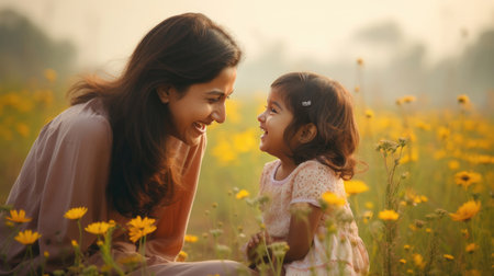 Happy Indian mother having fun with her daughter outdoor - Family and love concept - Focus on mum faceの素材