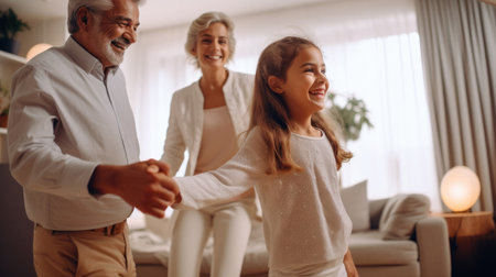 Elegant loving caring grandfather looking at his cute little granddaughter, adorable child girl and positive grandpa holding hands while dancing together in living room at home. Family conceptの素材