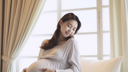 Beautiful Asian pregnant woman sit on bed and touching her bellyの素材