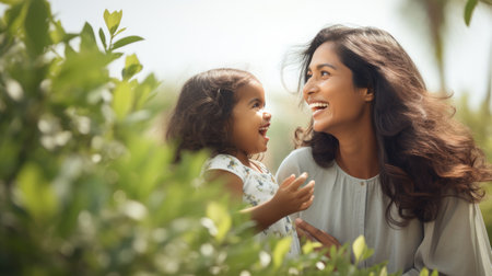 Happy Indian mother having fun with her daughter outdoor - Family and love concept - Focus on mum faceの素材