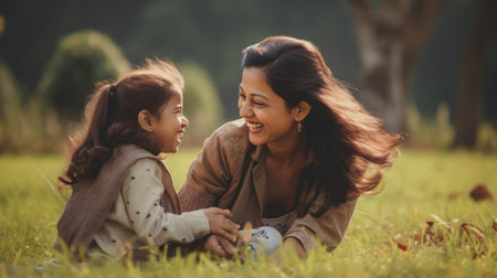Happy Indian mother having fun with her daughter outdoor - Family and love concept - Focus on mum faceの素材