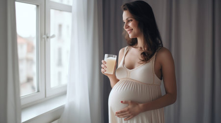 Happy pregnant woman drinking milk at the window in the bedroomの素材