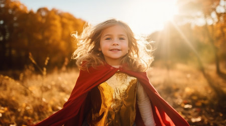 Little child is playing superhero. Kid on the background of autumn landscape.の素材