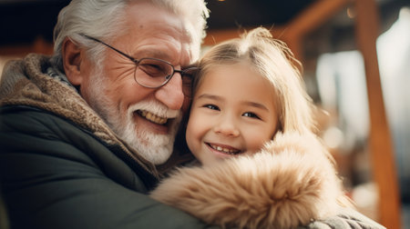 Warm relationships. Joyful nice loving girl standing behind her grandfather and hugging her while expressing his feelingsの素材