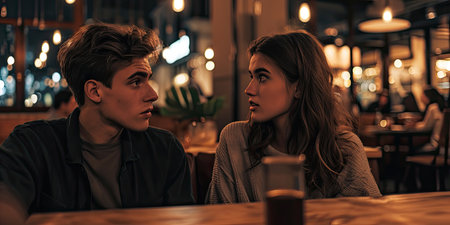 A young man and woman on a rocky first date going poorly, with awkward silence and blank stares. Lack of chemistry and an uncomfortable situation between the two.の素材