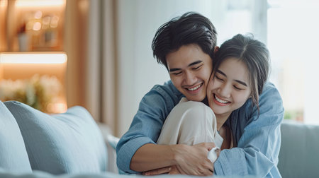 Asian young man and woman hugging each other in living room at home. Attractive romantic new marriage couple male and female spending time celebrate anniversary and valentine's day together in house.の素材