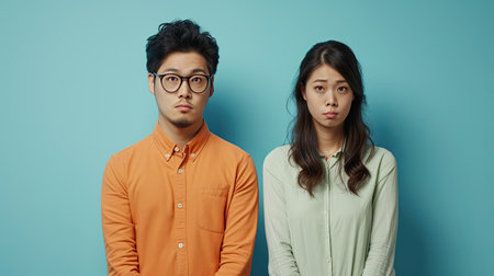 Annoyed Asian wife and funny tricky husband.の素材