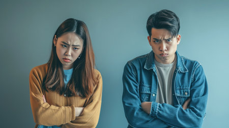 Breakup and depressed, Asian young quarrel couple love fight relationship in trouble. Different people are emotionally angry. Argue husband has expression, upset with wife. The problem of family people.の素材