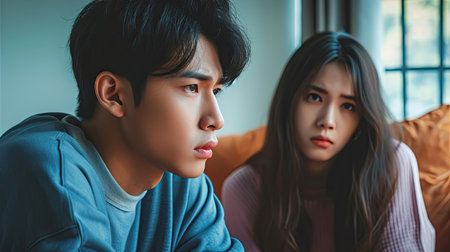 Breakup and depressed, Asian young quarrel couple love fight relationship in trouble. Different people are emotionally angry. Argue husband has expression, upset with wife. The problem of family people.の素材