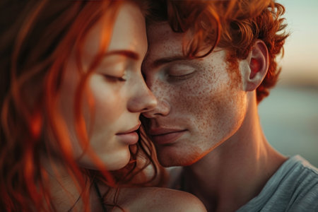 Close-up side view portrait of a beautiful woman with red hair and freckles kissing with her boyfriend with eyes closed while against sunset.の素材