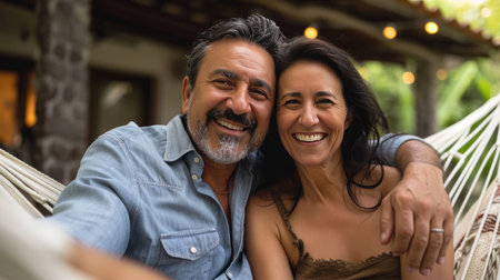 Middle age hispanic couple smiling confident hugging each other sitting on hammock at terraceの素材