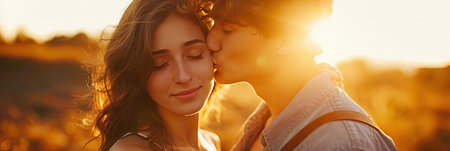 Panoramic shot of young man passionately kissing brunette woman with closed eyes isolated on golden lightの素材