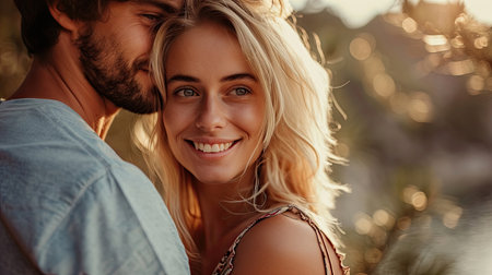 Satisfied man embracing wife outdoors. Portrait of cute blonde girl enjoying date.の素材