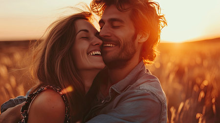 Side view portrait of a lovely couple having fun laughing while embracing with closed eyes outside against the sunset while traveling in their vacation time.の素材