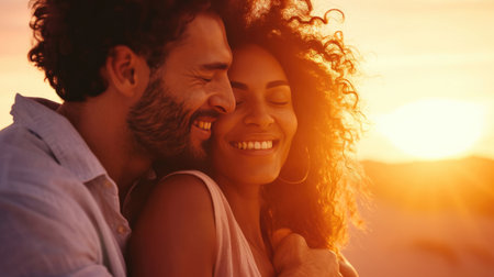 Side view portrait of a lovely couple having fun laughing while embracing with closed eyes outside against the sunset while traveling in their vacation time.の素材
