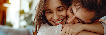 Tender woman embracing happy boyfriend and whispering in his earの素材