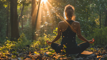 Back of woman relaxingly practicing meditation yoga in the forest to attain happiness from inner peace wisdom serenity with beam of sun light for healthy mind wellbeing and wellness soul conceptの素材