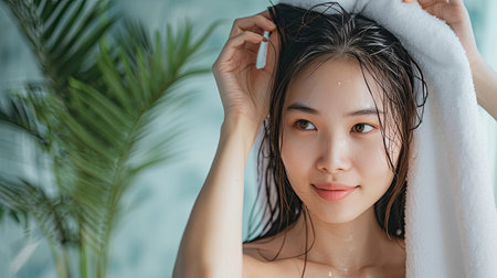 Asian women are using a dry towel to dry their hair.after showeringの素材