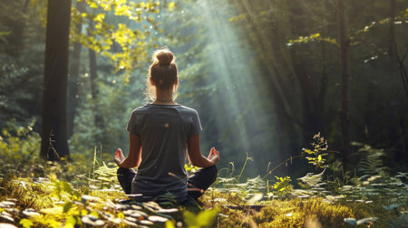 Back of woman relaxingly practicing meditation yoga in the forest to attain happiness from inner peace wisdom serenity with beam of sun light for healthy mind wellbeing and wellness soul conceptの素材