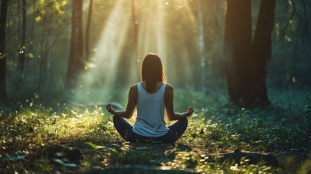 Back of woman relaxingly practicing meditation yoga in the forest to attain happiness from inner peace wisdom serenity with beam of sun light for healthy mind wellbeing and wellness soul conceptの素材
