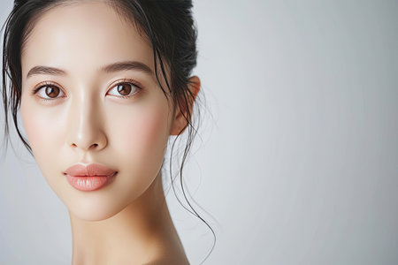 Beautiful young Asian woman with clean fresh skin on white background, Face care, Facial treatment, Cosmetology, beauty and spa, Asian women portrait.の素材