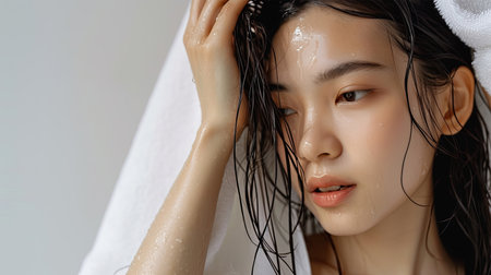 Asian women are using a dry towel to dry their hair.after showeringの素材