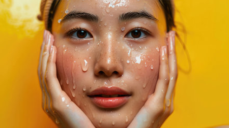 Beautiful female Asian Wash face in studioの素材
