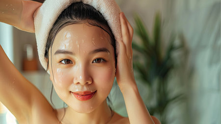 Asian women are using a dry towel to dry their hair.after showeringの素材