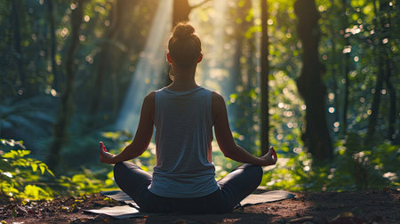 Back of woman relaxingly practicing meditation yoga in the forest to attain happiness from inner peace wisdom serenity with beam of sun light for healthy mind wellbeing and wellness soul conceptの素材