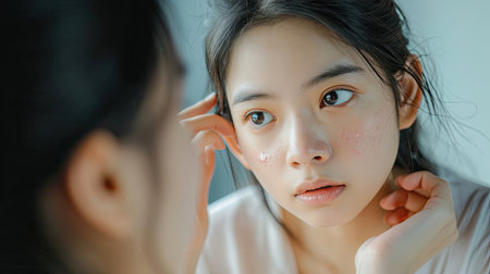 Asian teenage woman looking at mirror and squeeze acne problem on her face, skin care conceptの素材