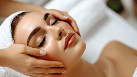 Beautiful woman in spa salon getting face massage treatment. Girl facial treatment. Skin care. Body care.の素材