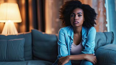 Black woman feeling depression symptoms alone at homeの素材