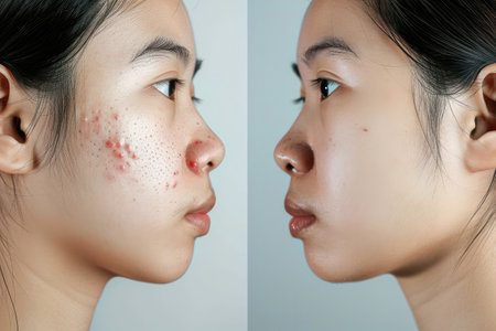 Image before and after spot red scar acne pimples treatment on face asian woman. Problem skincare and beauty concept.の素材