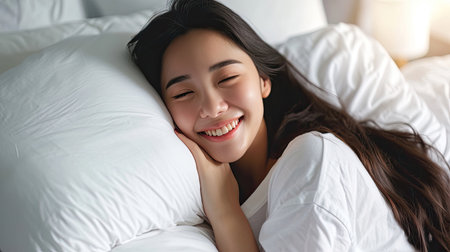 Tender smiling asian girl lying in bed, hugging pillow in bedroom, relaxing in comfort. Copy spaceの素材