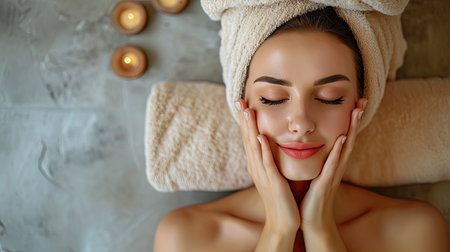 Top view of young woman getting spa massage treatment at beauty spa salon. Face massage. Spa skin and body care.の素材