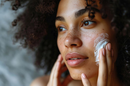 woman applying cream on her cheekの素材